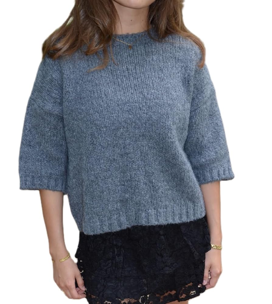 Women Oversized Half Sleeve Sweater Tops Crew Neck Knitted
